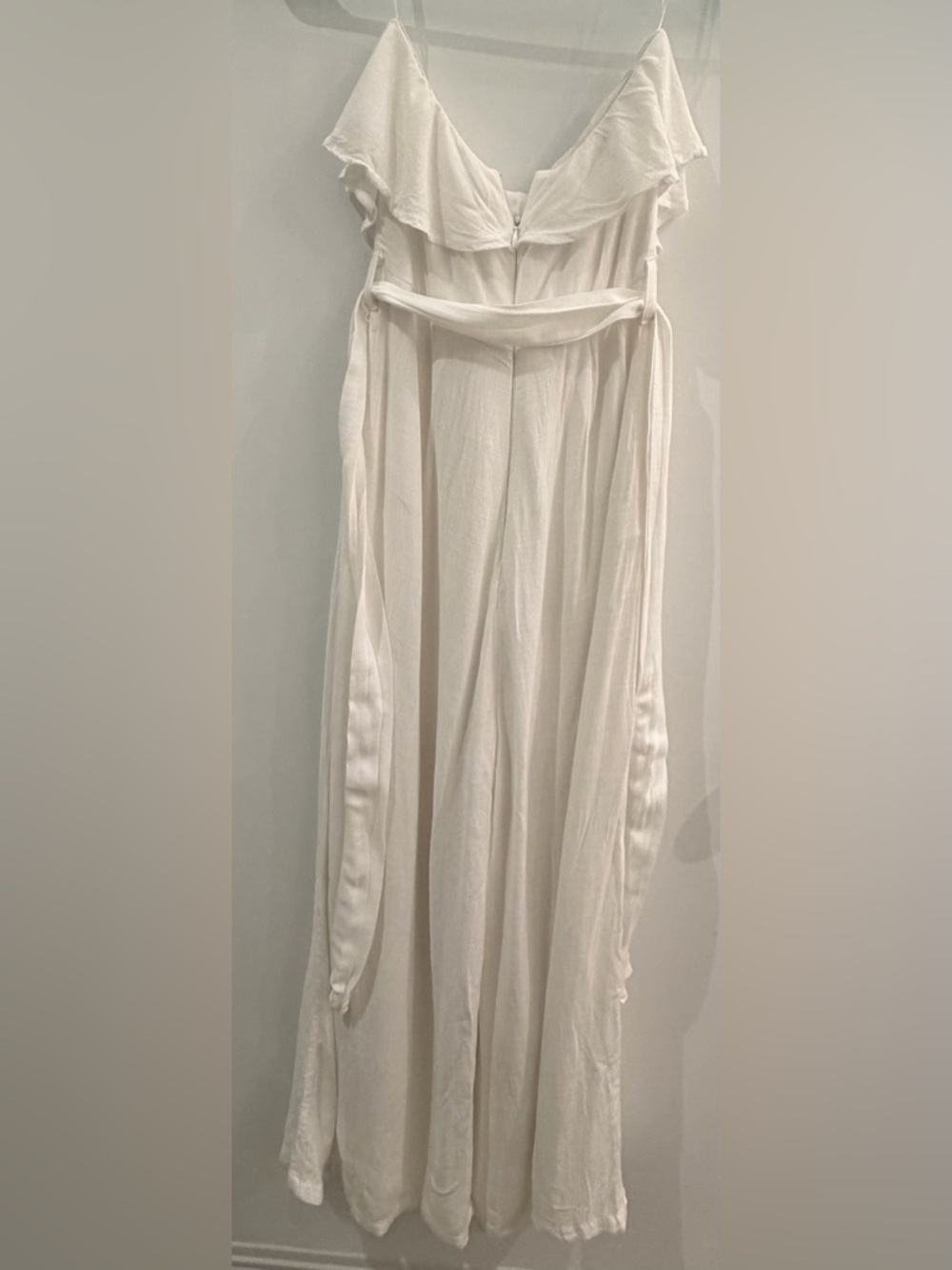 Altar'd State White Flowing Jumpsuit with Ruffle Neckline